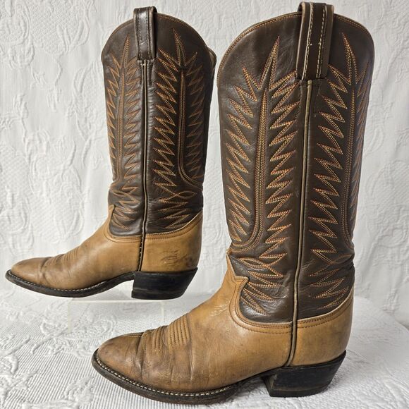 Tony Lama Embroidered Leather Cowboy Boots Brown Women 7 Mid Calf Pointed Toe - Picture 1 of 12